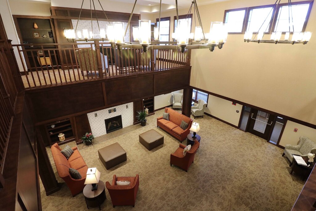 a view of the interior entrance and seating area of Traditions at North Bend senior living community