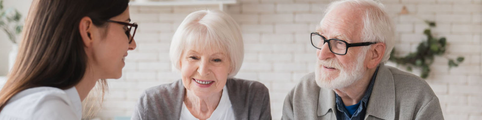 A senior man and senior woman sitting across from an insurance specialist at a table